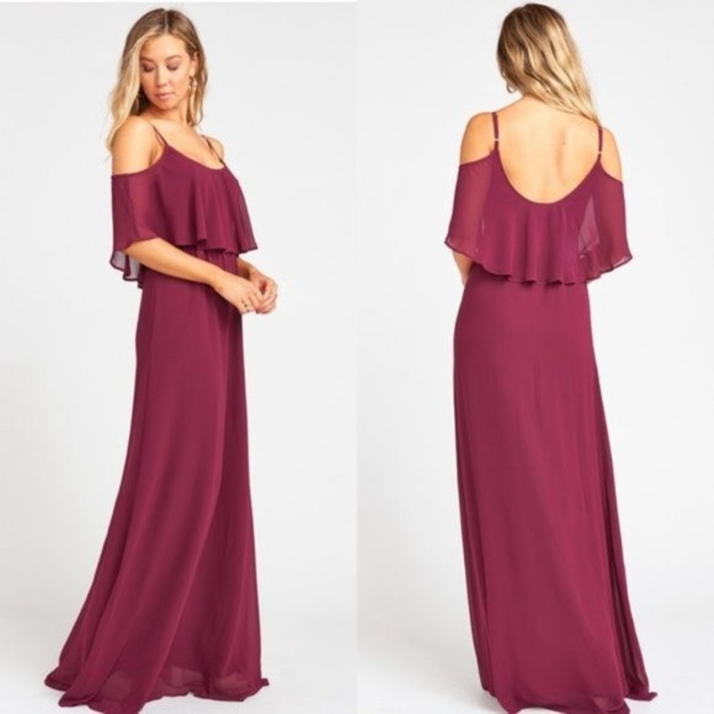 Show Me Your Mumu Caitlin Ruffle‎ Maxi Dress in Merlot Chiffon Size S NWT